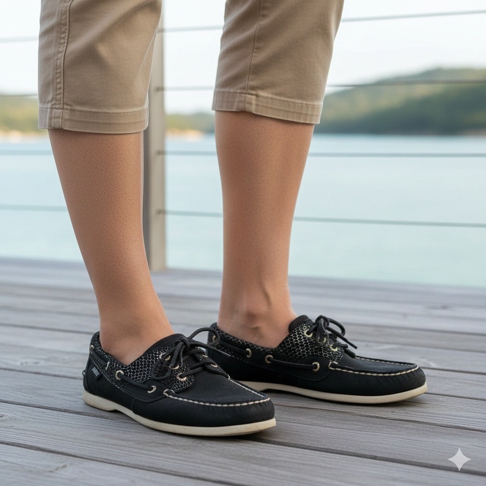 Sperry Angelfish Women's Boat‎ Shoes Black Metallic Snake Skin Detail - Size 6.5
